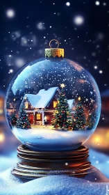 Cozy winter cabin glowing inside a magical snow globe.