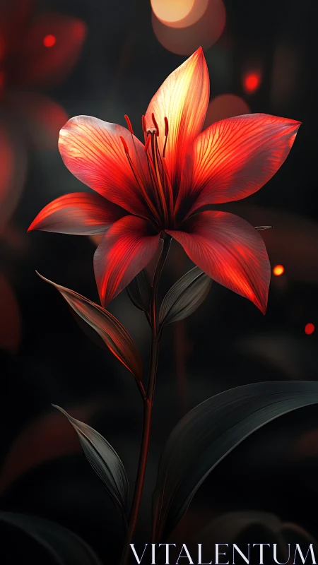 Red lilium flower rendered with luminous petals against darkened background