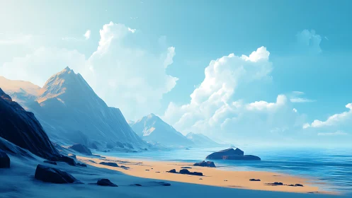 Alpine coastal landscape rendered with triangular polygon geometry and atmospheric perspective layer