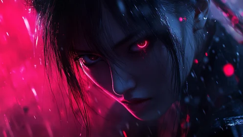 Cyberpunk portrait in neon magenta rain, close-up profile.