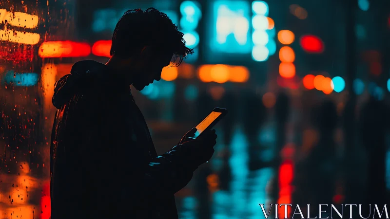 Silhouette with smartphone in neon drenched rainy cityscape.