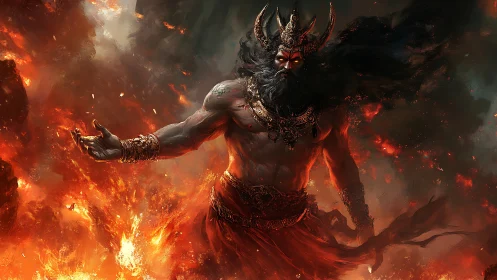 Infernal warlord rising amid molten storm of embers.