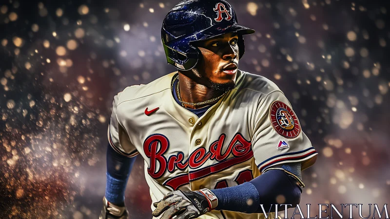 Baseball player in Braves uniform under stadium lights.
