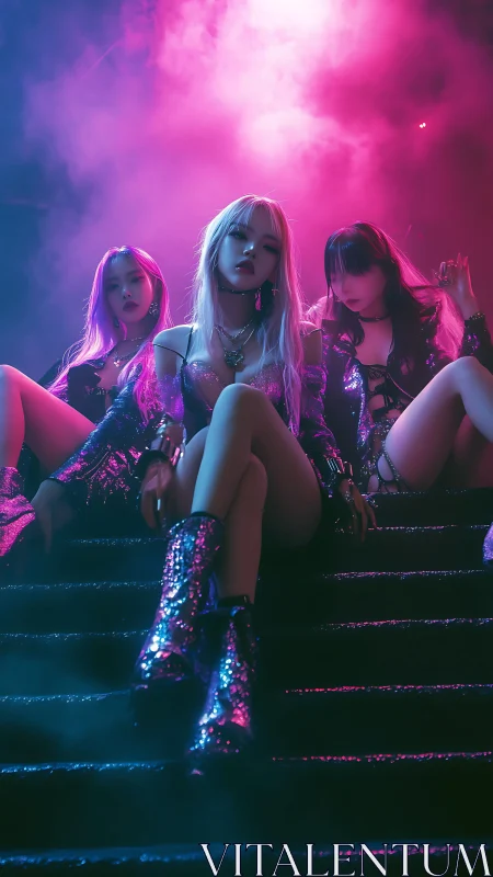 Three women sit on dark steps under magenta and cyan light