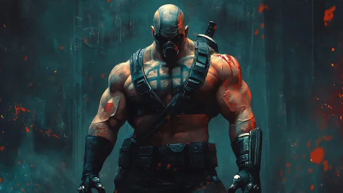 Armored cyber-brute stands in embers under cinematic rim light