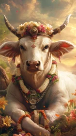 Sacred white cow adorned with garlands at golden sunset.