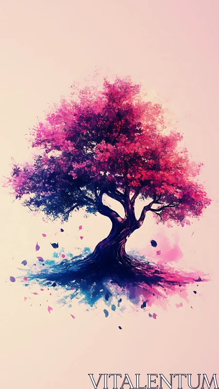 Bicolor abstract tree with magenta foliage and ink-splash roots.