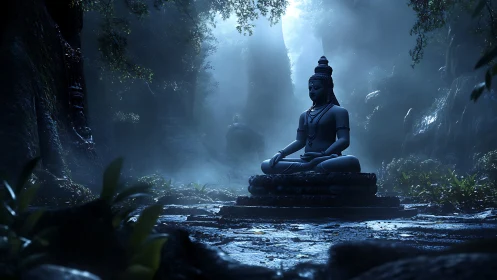 Rain-soaked jungle shrine cradling a moonlit stone Buddha.