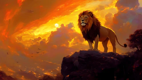 Lion stands on rocky ledge under vivid orange sunset sky