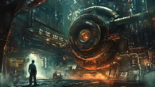 Engineer confronting colossal reactor core in industrial vault