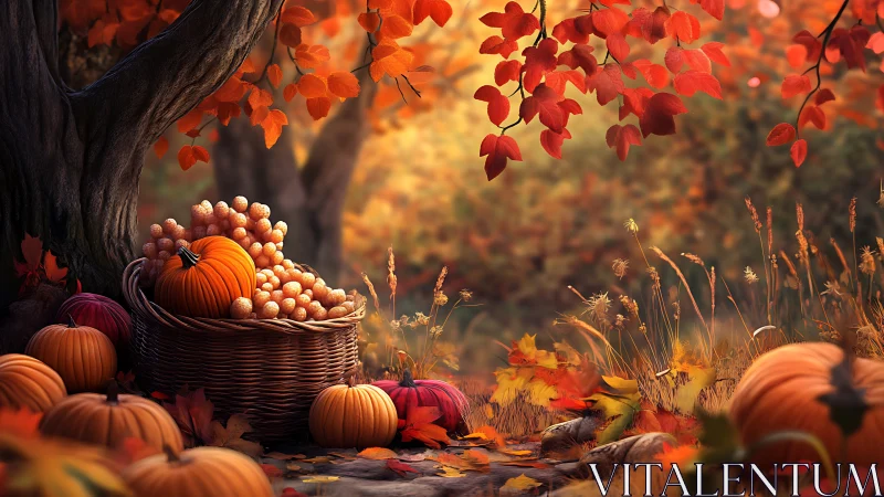 Autumn forest still life with pumpkins and harvest basket.