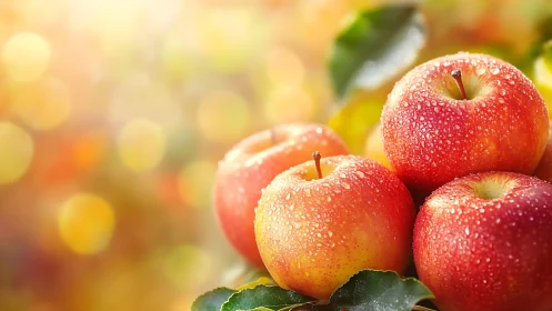 Red apples with water droplets against soft bokeh background.