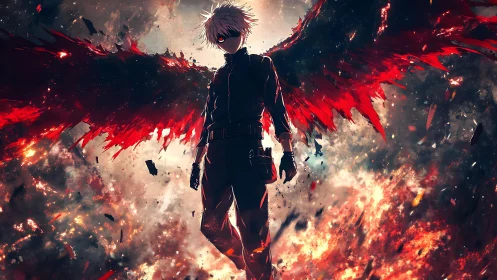 Fierce winged warrior strides forward through blazing chaos