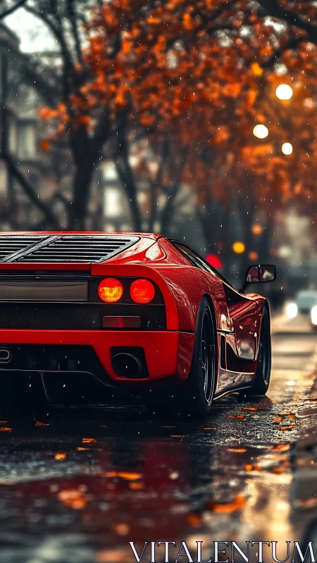 Red supercar on wet autumn city street in soft bokeh light.