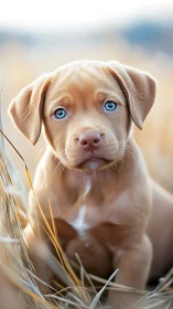 Blue-eyed brown puppy portrait in soft field bokeh light.