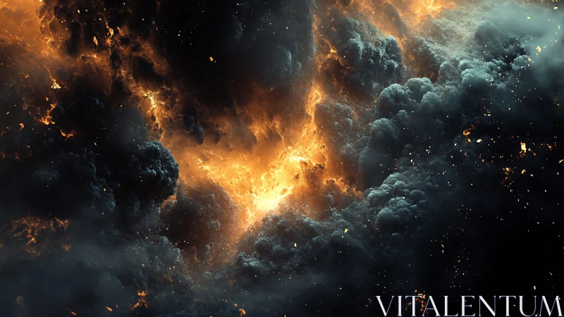 Fiery cosmic nebula tears through dense storm clouds