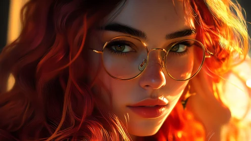 Fiery red-haired girl in golden glasses stares into light.