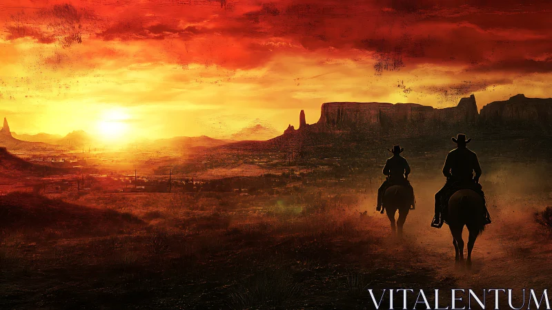 Riders cross a fiery desert plain beneath blazing sunset.