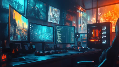 Cyberpunk workstation glows in teal-orange high-contrast lighting