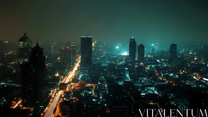 Neon rivers of traffic carve glowing veins through midnight city