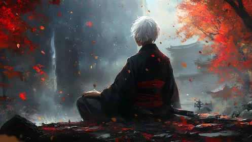 Digital painting of solitary samurai amid autumn temple grove.