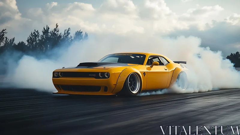 Yellow muscle car drifting on track with dense tire smoke.