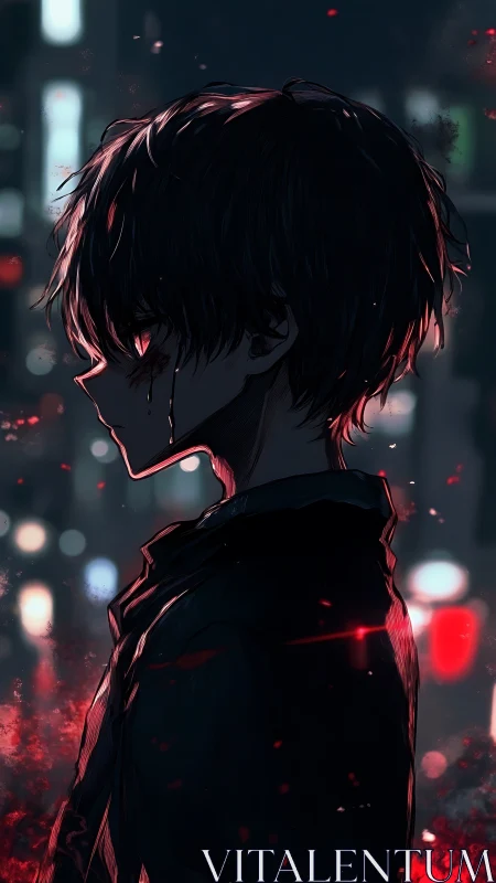 Backlit urban profile of bleeding boy in red particulate haze.