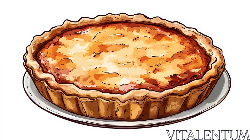 Golden rustic pie rests warmly on a simple serving plate