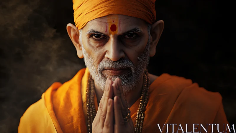 Photorealistic portrait of Hindu monk in orange robes, praying