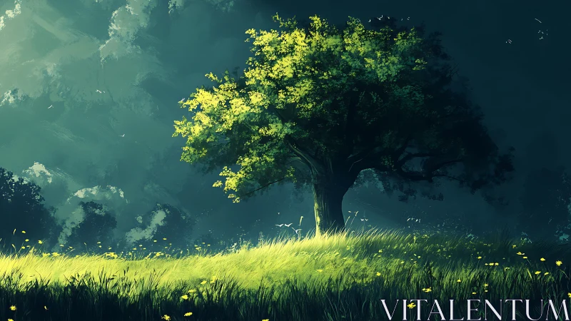 Solitary meadow tree drinks sunlight from a painted sky