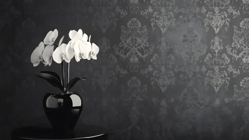 Monochrome orchid still life against damask wall surface.