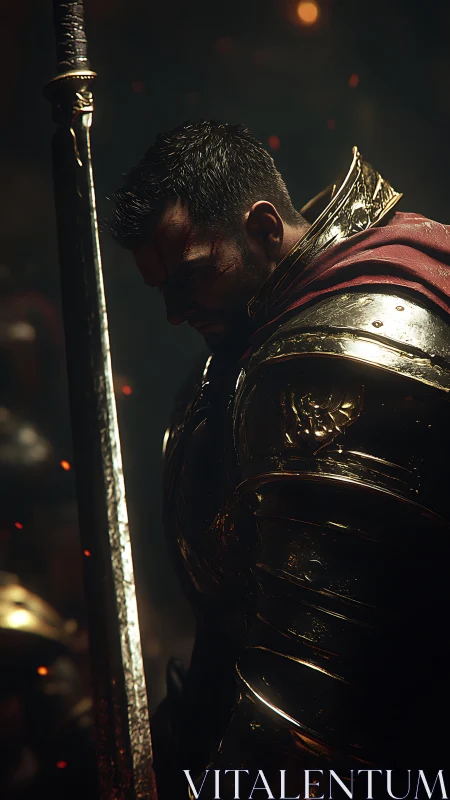 Brooding gold armored knight with greatsword in ember glow.