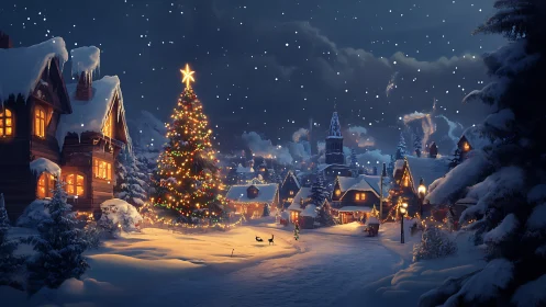 Starlit village Christmas tree glowing in snowy winter hush.