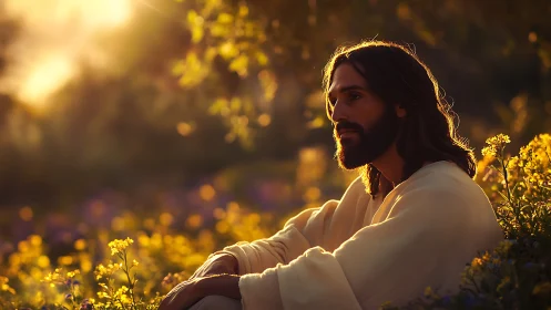 Gentle teacher resting among wildflowers at golden sunset.