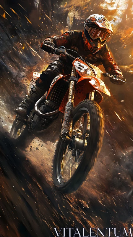 Off-road motorcycle rider moving through dirt and debris.