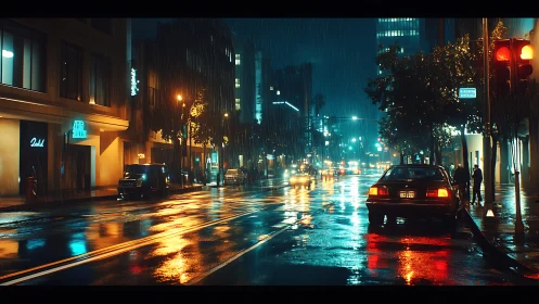 Nighttime city street shows wet asphalt under heavy rain