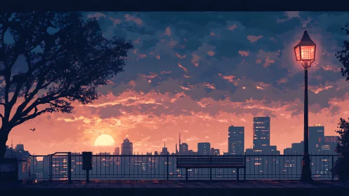 Sunset city overlook with bench, tree silhouette, lit lamp.