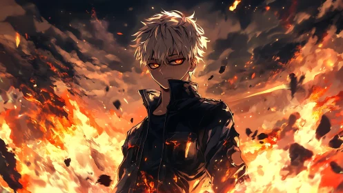 White-haired fire wielder stands amid roaring inferno.