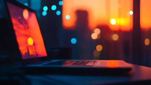 Laptop leans into sunset neon, trading keystrokes for skylight