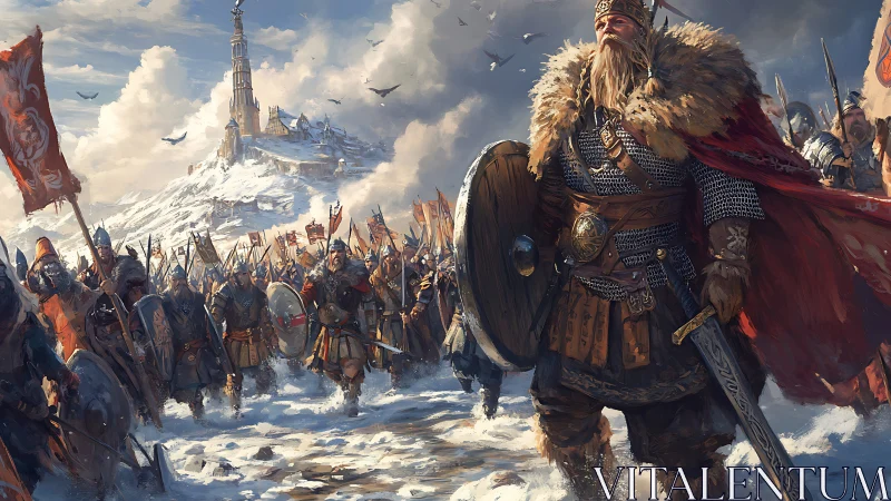 Viking warlord leads frostbound army toward distant citadel.