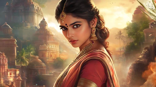 Digital portrait of Indian woman in ornate temple setting.