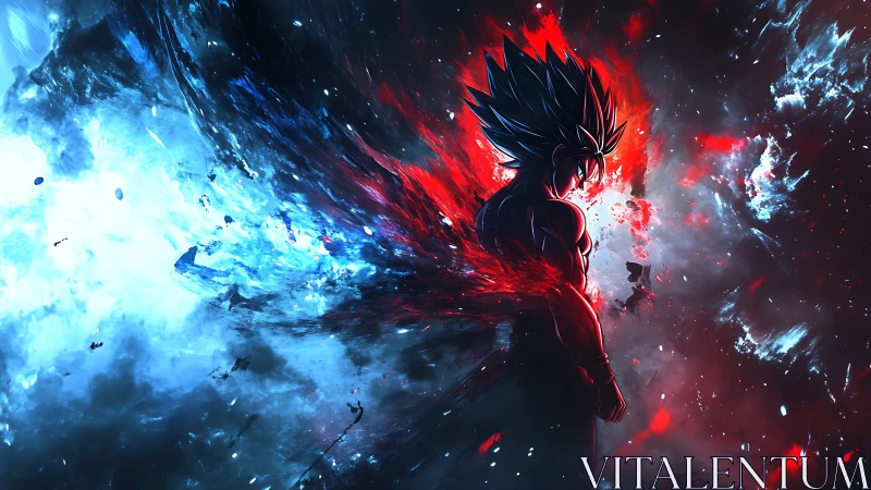 Silhouetted warrior divides red and blue cosmic energy fields