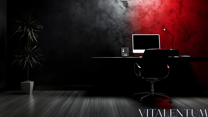 Minimalist black desk workspace with red gradient wall lighting
