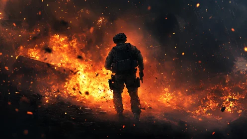Tactical Operative Silhouette Against Massive Destructive Inferno Explosion