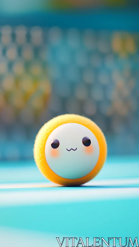 Sunny yellow kawaii ball smiles softly on a teal court
