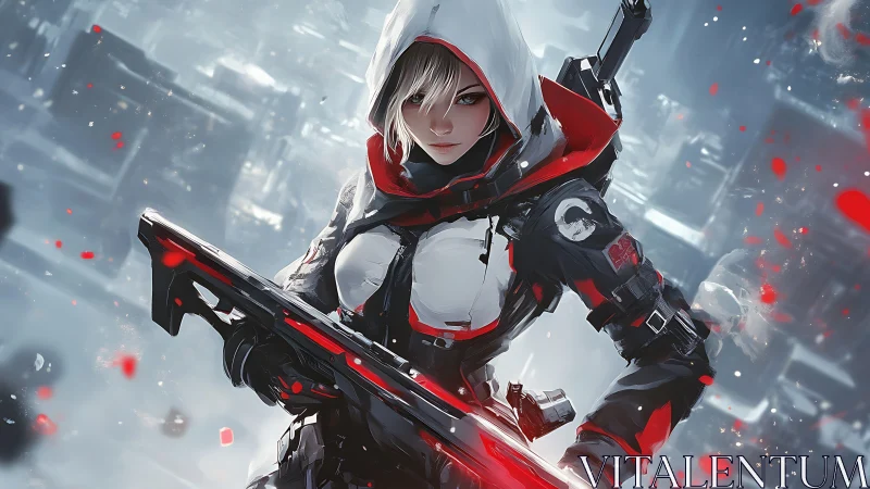 Futuristic hooded warrior stands ready in a snowy city