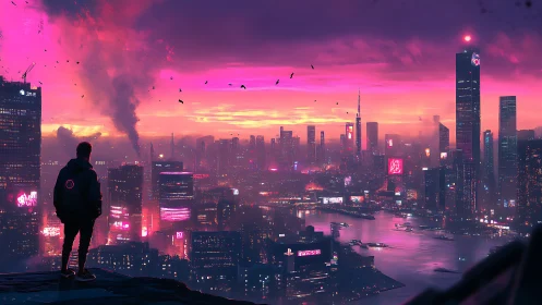 Neon dusk crowns the lone watcher above the cyber river