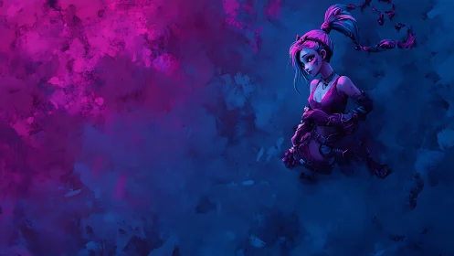 Neon lit punk girl in asymmetrical magenta blue environment