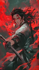 Fierce red-eyed swordsman commands swirling crimson flames