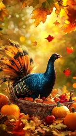 Colorful bird in harvest basket within autumn foliage scene.
